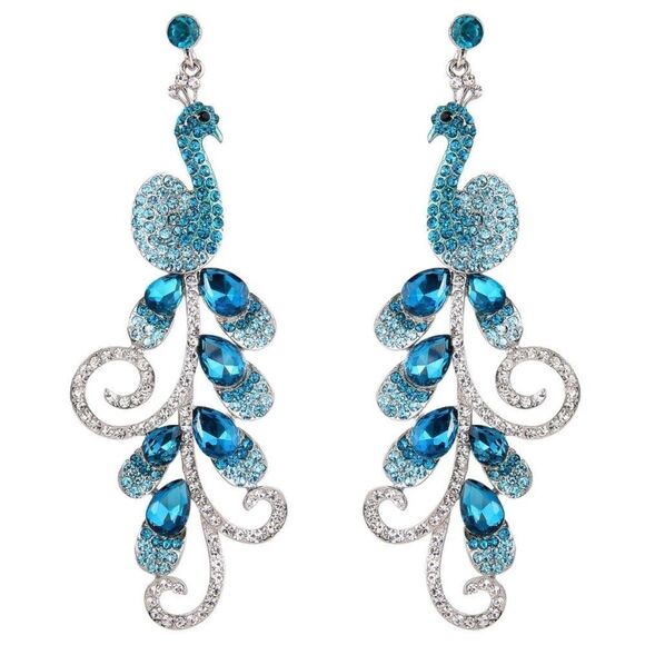 BIjouStudios Earrings Jewelry - Silver with Aquamarine Blue and Diamond Austrian Crystal Peacock Post Earrings